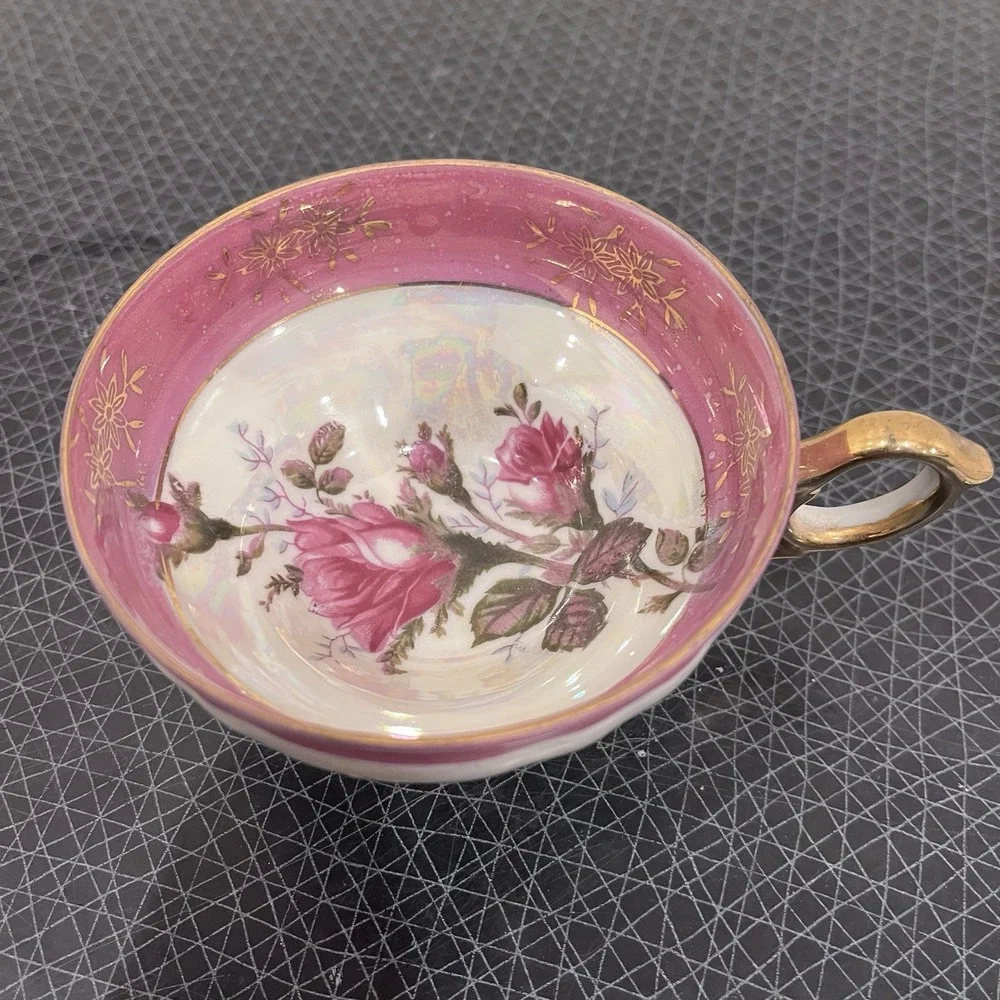 Vtg Nasco Japan Tea Cup Saucer Pink Roses Flowers Floral Golden Reticulated